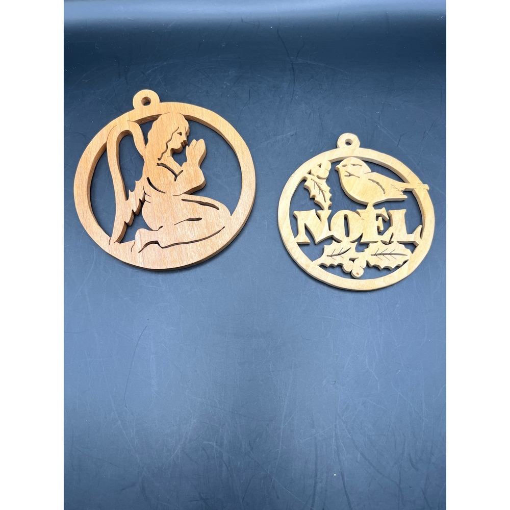 Wooden Angel Noel Christmas Ornaments Holiday Decor Set of 2 4.5" & 3.5"